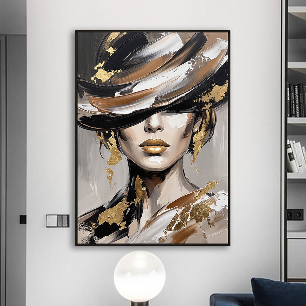 Stylish bedroom wall decor showcasing an original hand-painted abstract female portrait with radiant gold accents and heavy impasto texture.