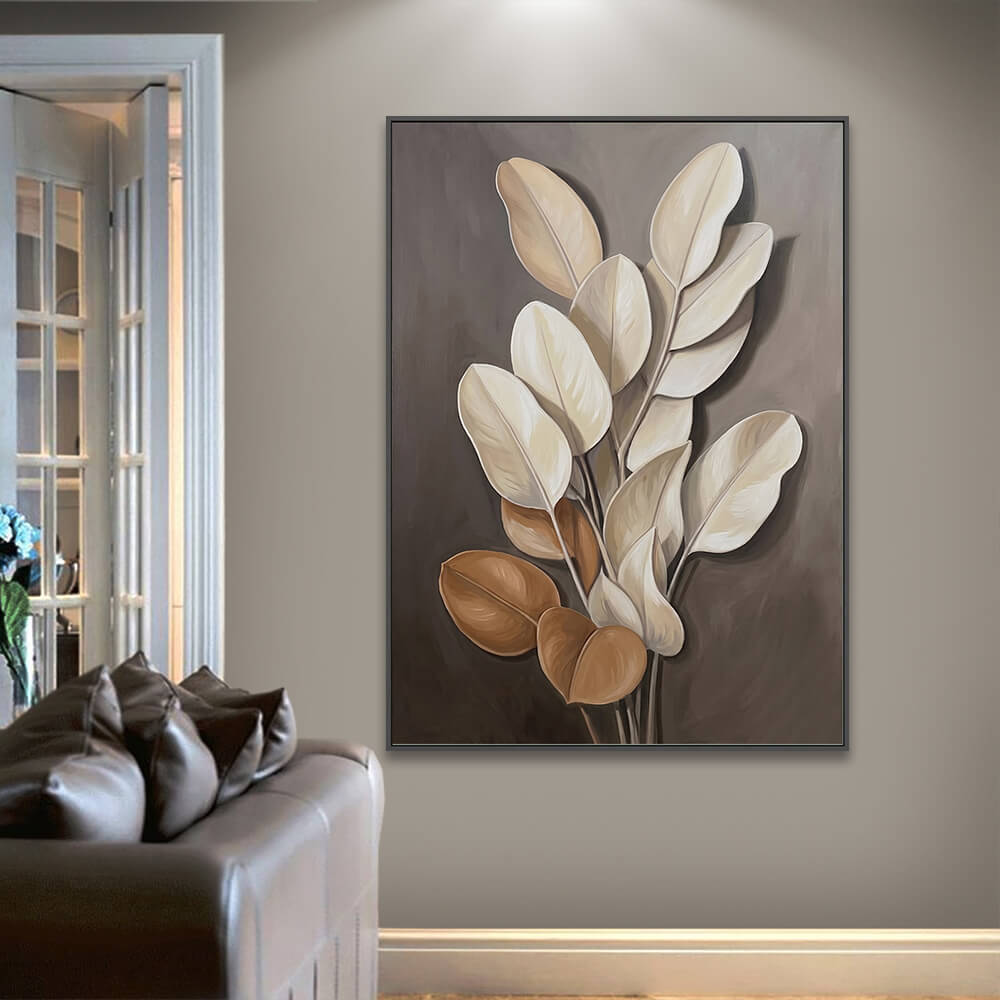 Hand-painted modern botanical art canvas featuring stylish earthy leaves styled on a neutral accent wall with modern decor.

