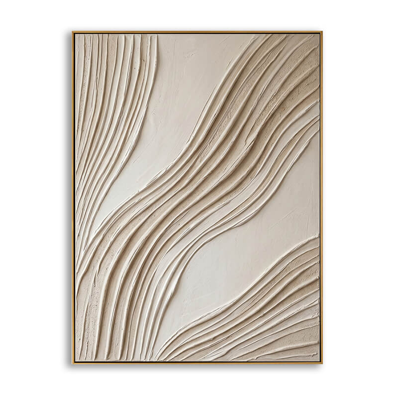 Hand-painted abstract canvas art featuring heavy 3D fluid wave textures in neutral beige and cream colors.