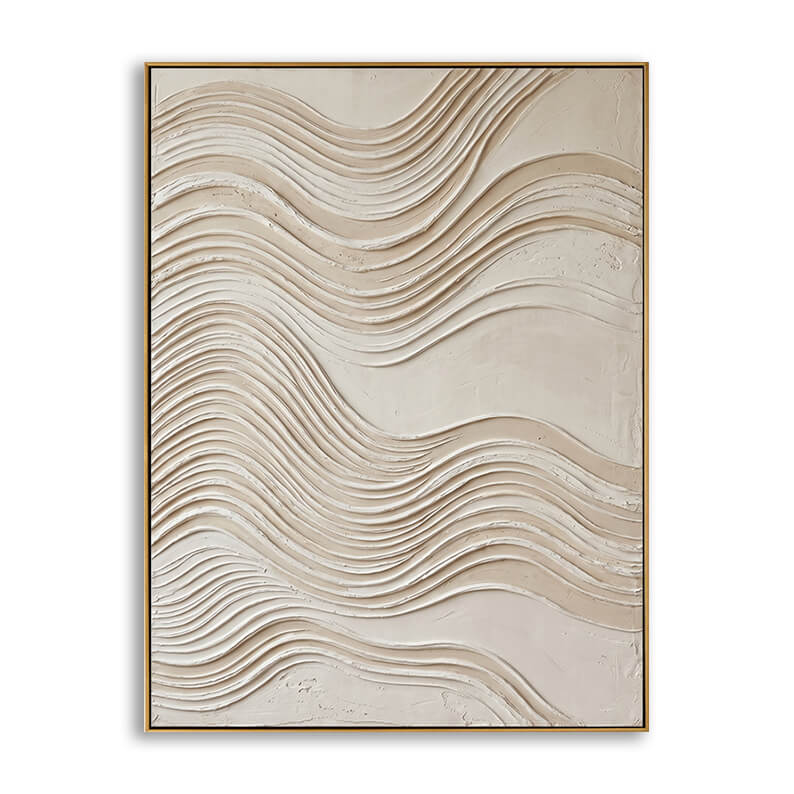 Hand-painted abstract canvas art featuring heavy 3D layered fluid wave textures in neutral beige and cream colors.