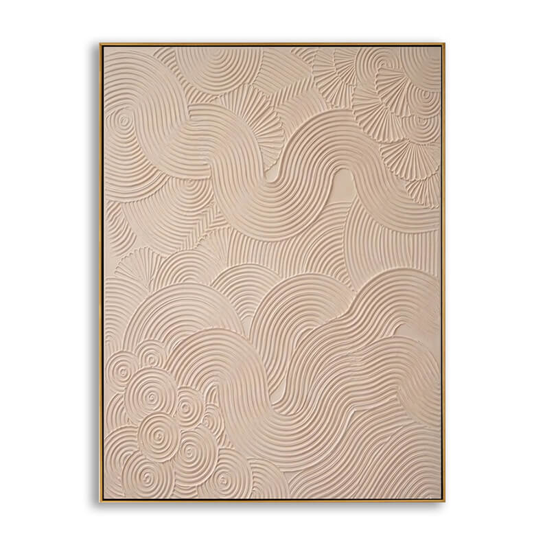 Hand-painted abstract canvas art featuring heavy 3D zen garden swirl textures in neutral beige.