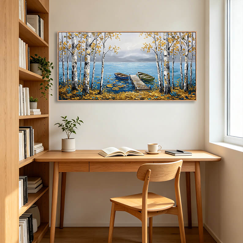 Original hand painted birch tree lakeside painting, white birch trees with golden foliage, blue water with two boats, autumn landscape art, textured canvas wall decor