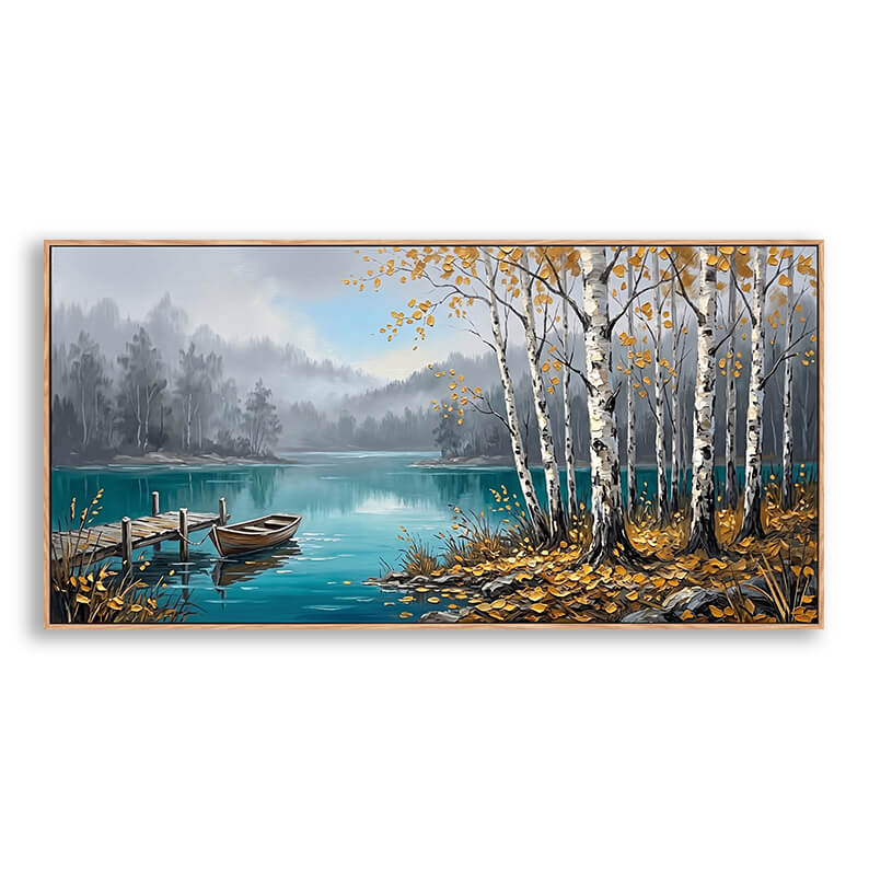 Hand painted canvas wall art featuring white birch trees with golden autumn leaves, turquoise lake with wooden rowboat at dock, misty forest hills background, impasto texture landscape, original nature artwork for home decoration