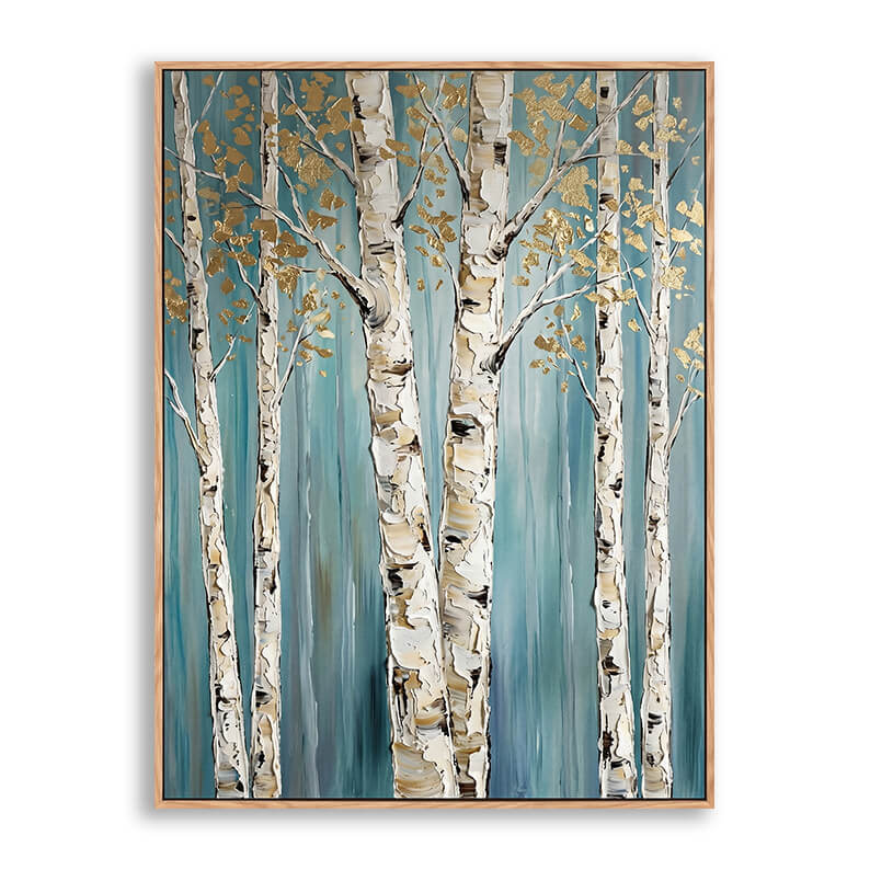 Vertical hand painted canvas featuring six white birch trees with gold leaf foliage on teal blue-green background, heavy 3D impasto texture, tranquil forest landscape artwork