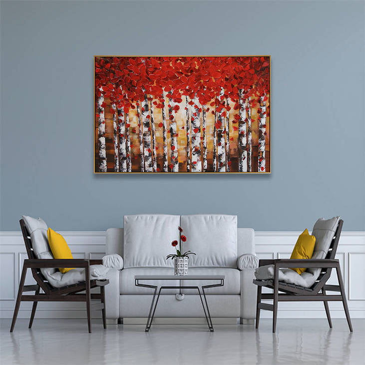 Handmade Birch Forest Red Leaf Canvas Painting #YX359