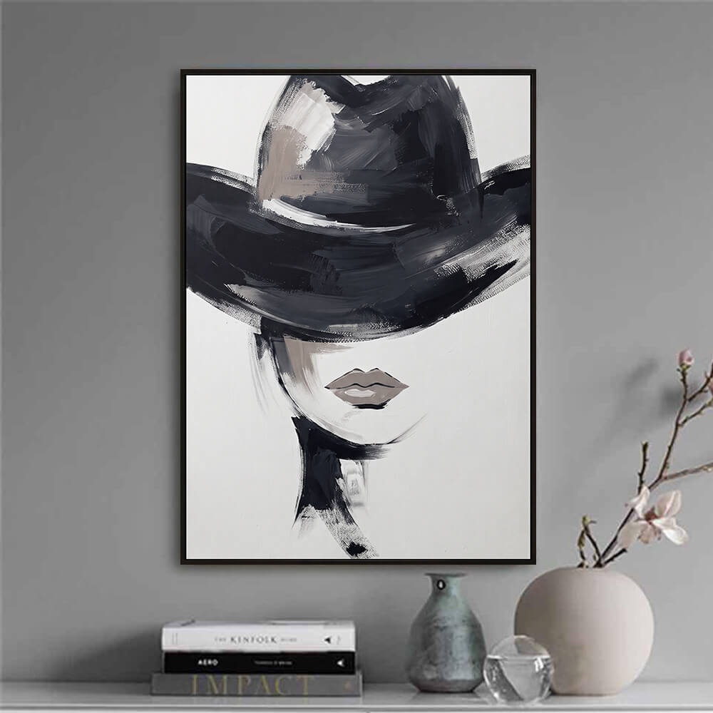 Elegant tabletop shelf styling view featuring Velvet Crown canvas art placed near books and minimalist decor elements.