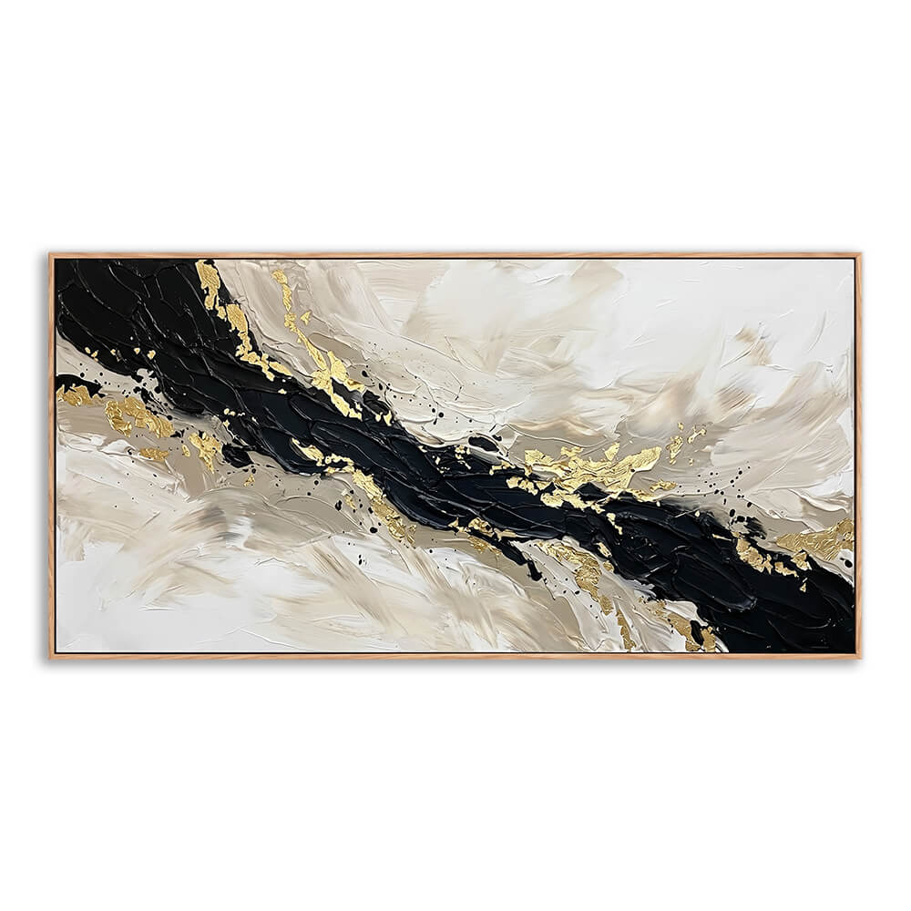 Close-up of a hand-painted abstract canvas featuring a dramatic sweeping black streak with gold foil accents on a textured cream background.