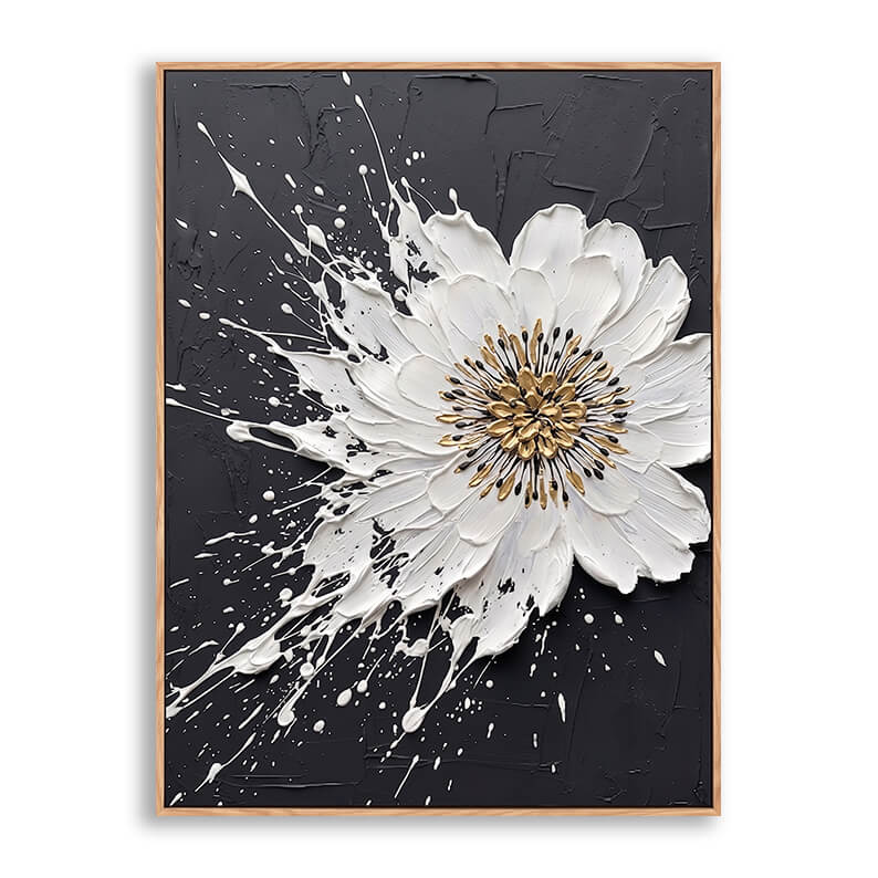 Vertical hand painted canvas featuring large sculpted white flower with gold center on deep black background, dynamic white paint splash effect, heavy 3D impasto texture, modern bold floral artwork