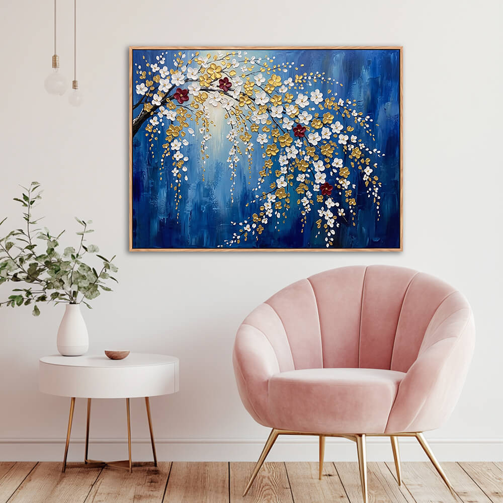 Soft modern lounge interior, horizontal hand-painted plum blossom wall art, textured white and golden flowers against rich royal blue backdrop