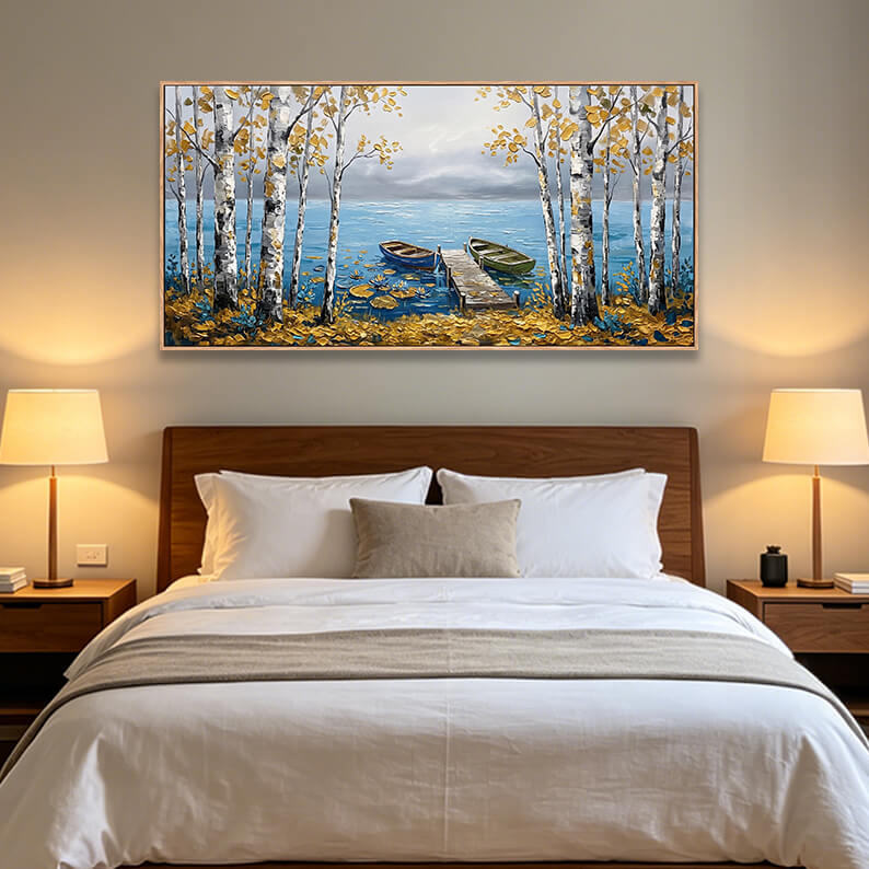 Original hand painted canvas wall art, birch trees by blue lake with boats at dock, golden autumn landscape, thick textured oil painting, nature inspired home decor