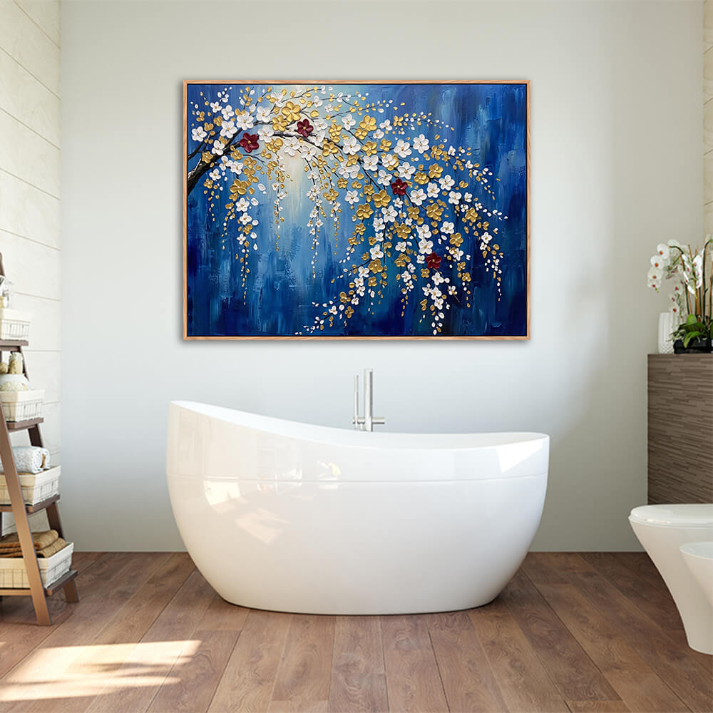 Modern bathroom interior, framed horizontal gilded plum blossom wall art, deep blue cascading flower canvas displayed above freestanding bathtub