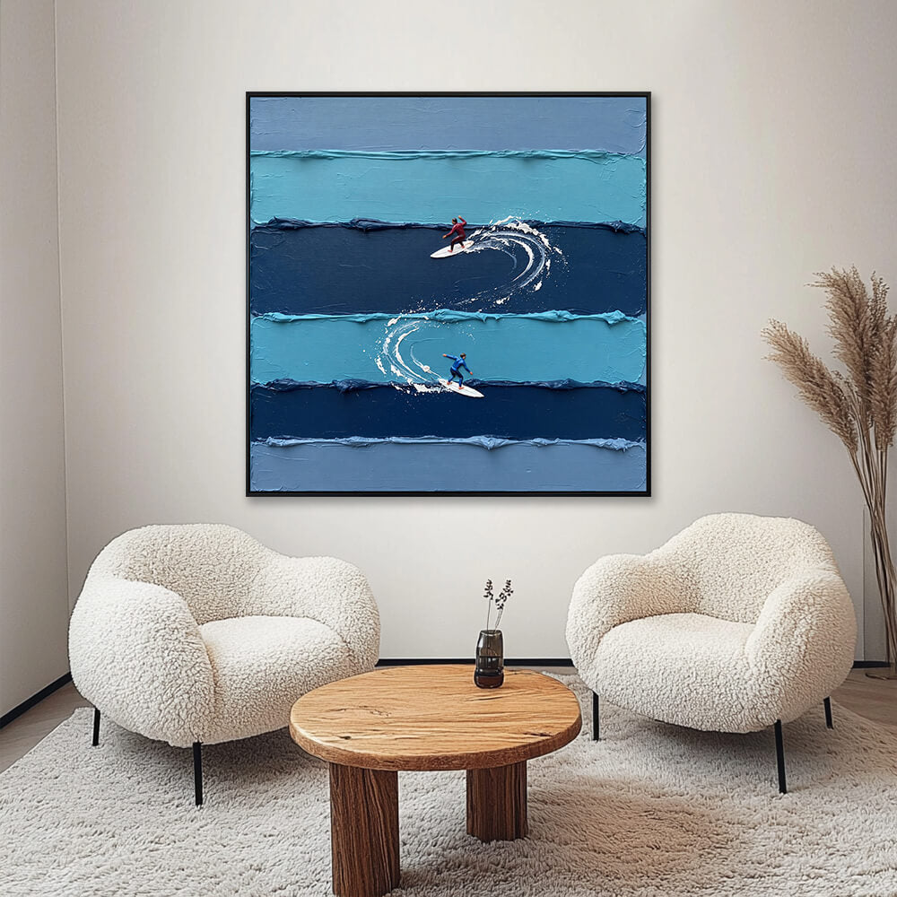 Detailed interior perspective showing the ocean art framed on a wall next to a modern armchair and minimalist decor.