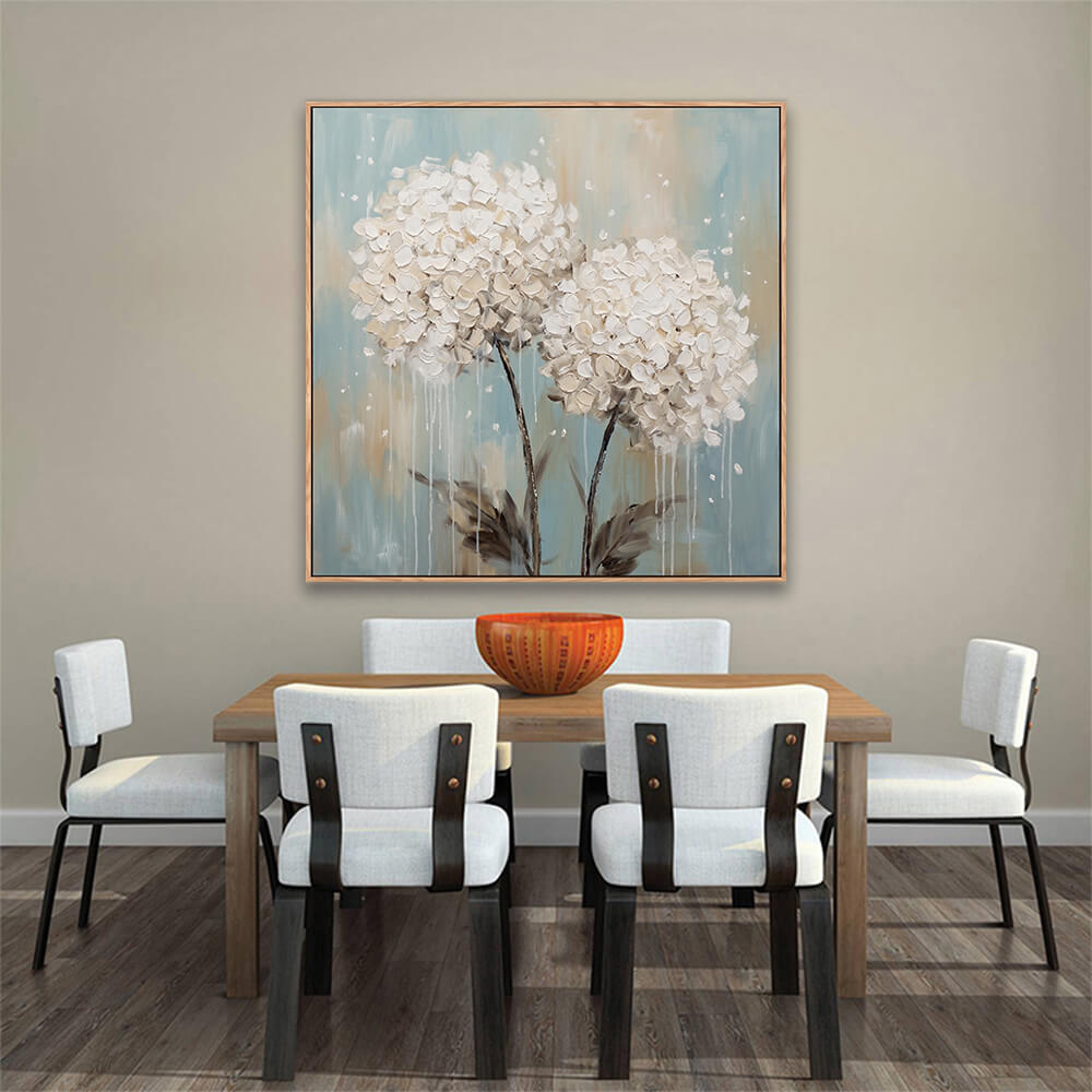 Hand painted white hydrangea textured artwork above wooden dining table