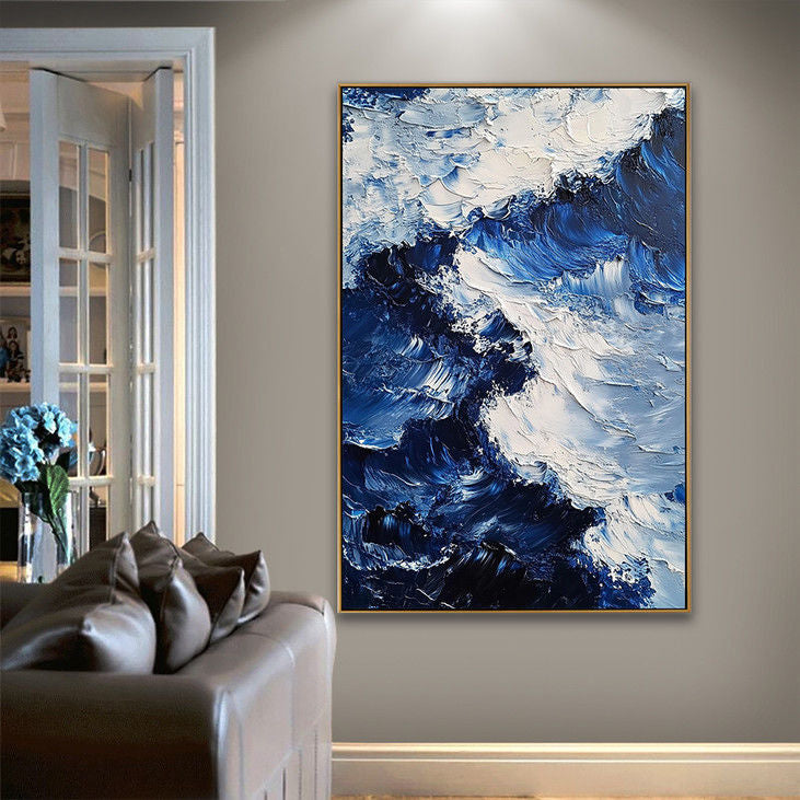 Textured Blue Ocean Wave Canvas Art #YX90