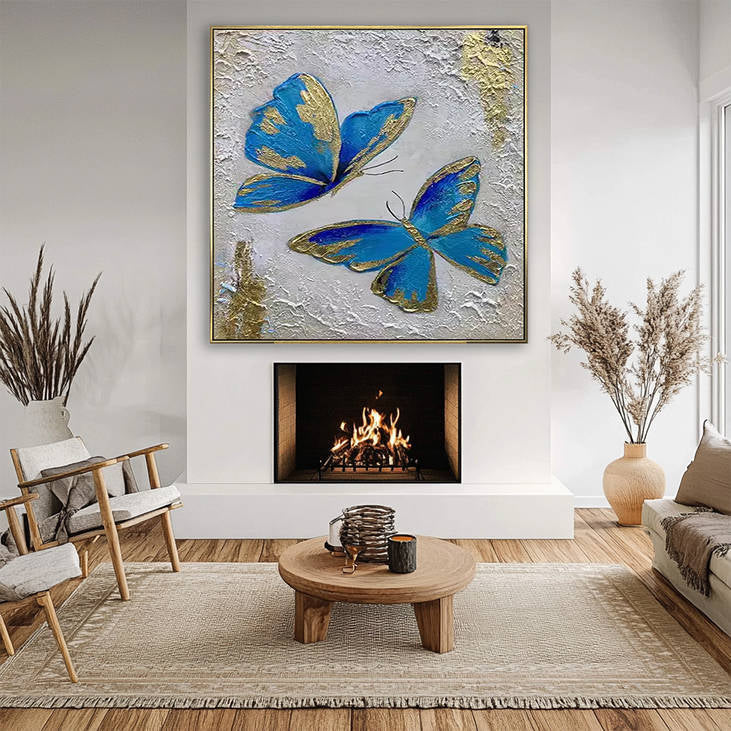 Hand Painted Blue & Gold Butterfly Textured Canvas Wall Art #YX293