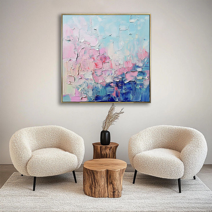 Modern Impasto Canvas Art - Soft Pink & Blue Tones #YX32