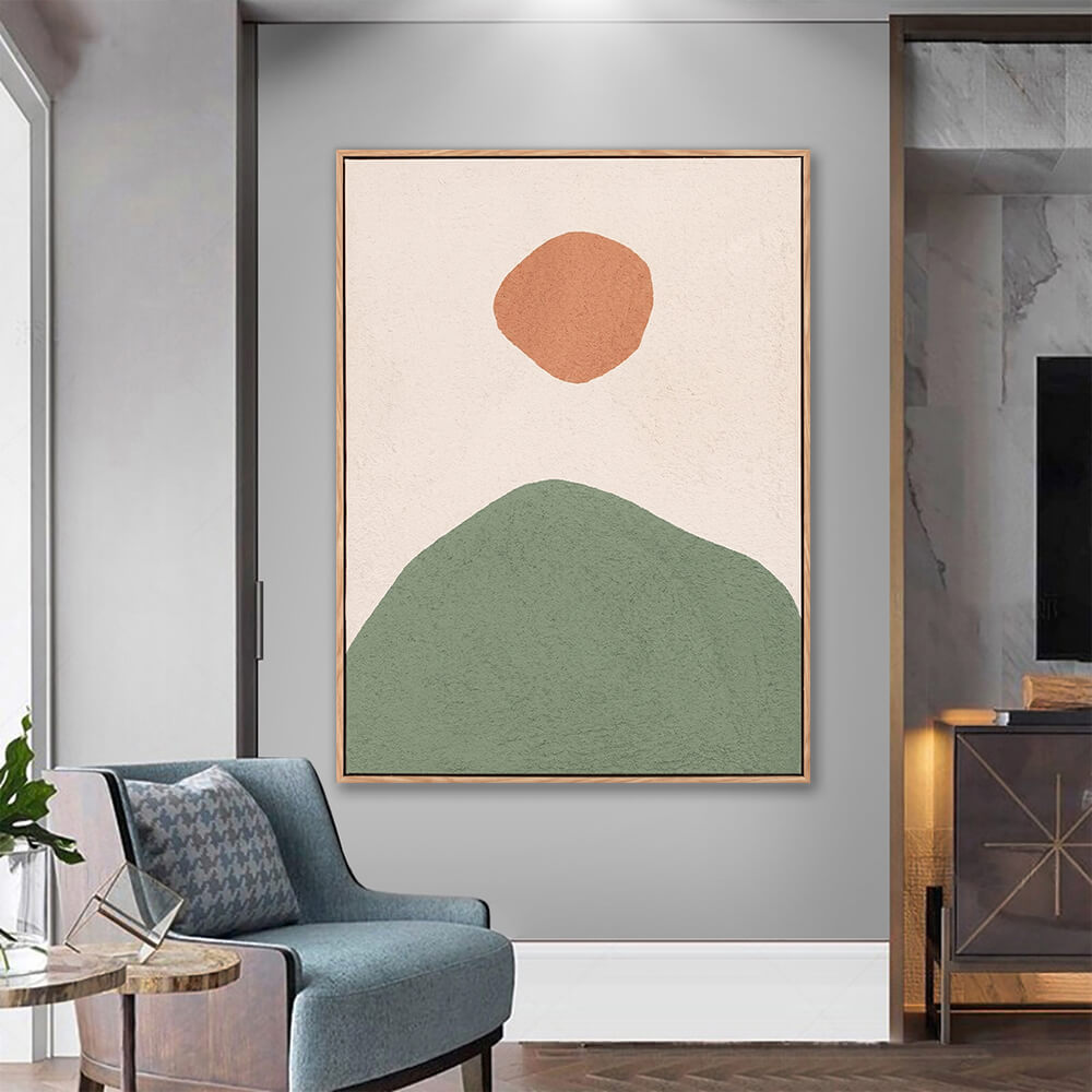 Large vertical boho minimalist mountain and sun painting with textured surface, sage green and terracotta on beige background, abstract landscape artwork