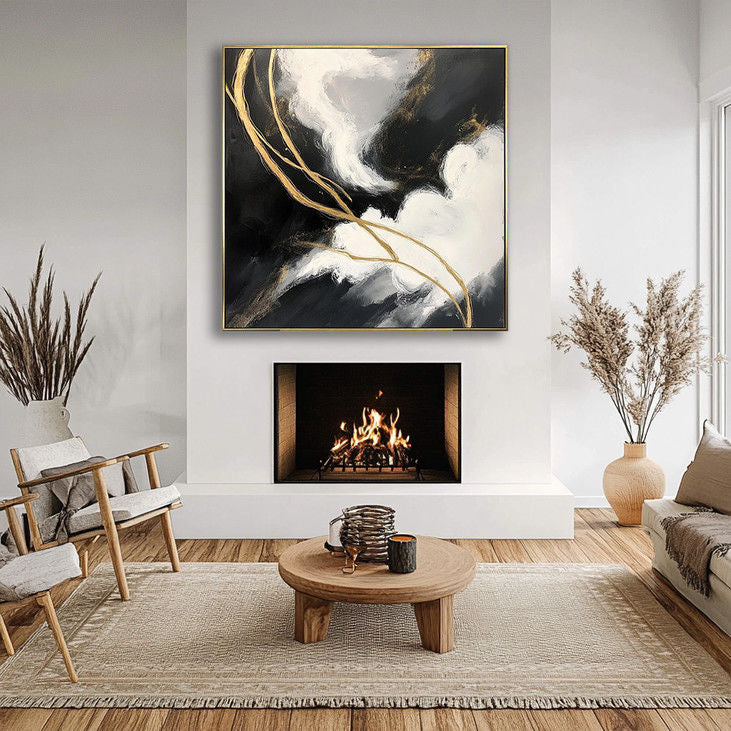 Modern Gold & Black Abstract Canvas Painting #YX37