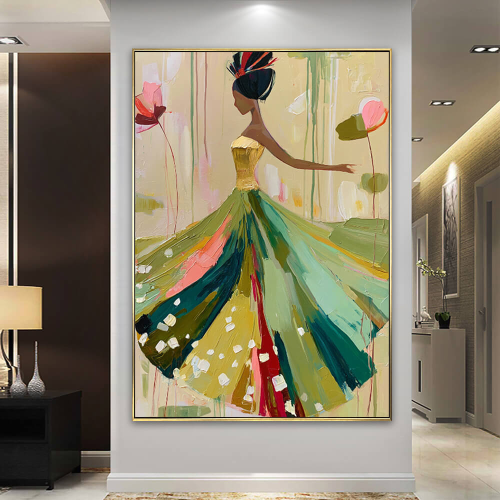Luxury corridor display featuring Ethereal Stride botanical fashion art canvas hanging near a white console table.