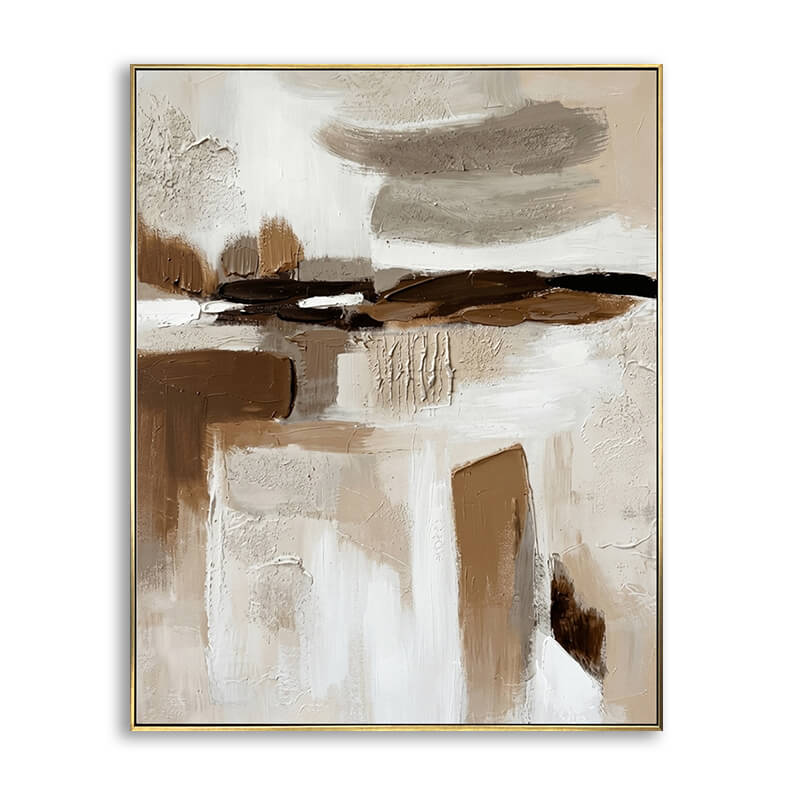 Hand-painted abstract canvas art featuring heavy 3D palette knife textures in neutral beige white and dark brown horizontal strokes.