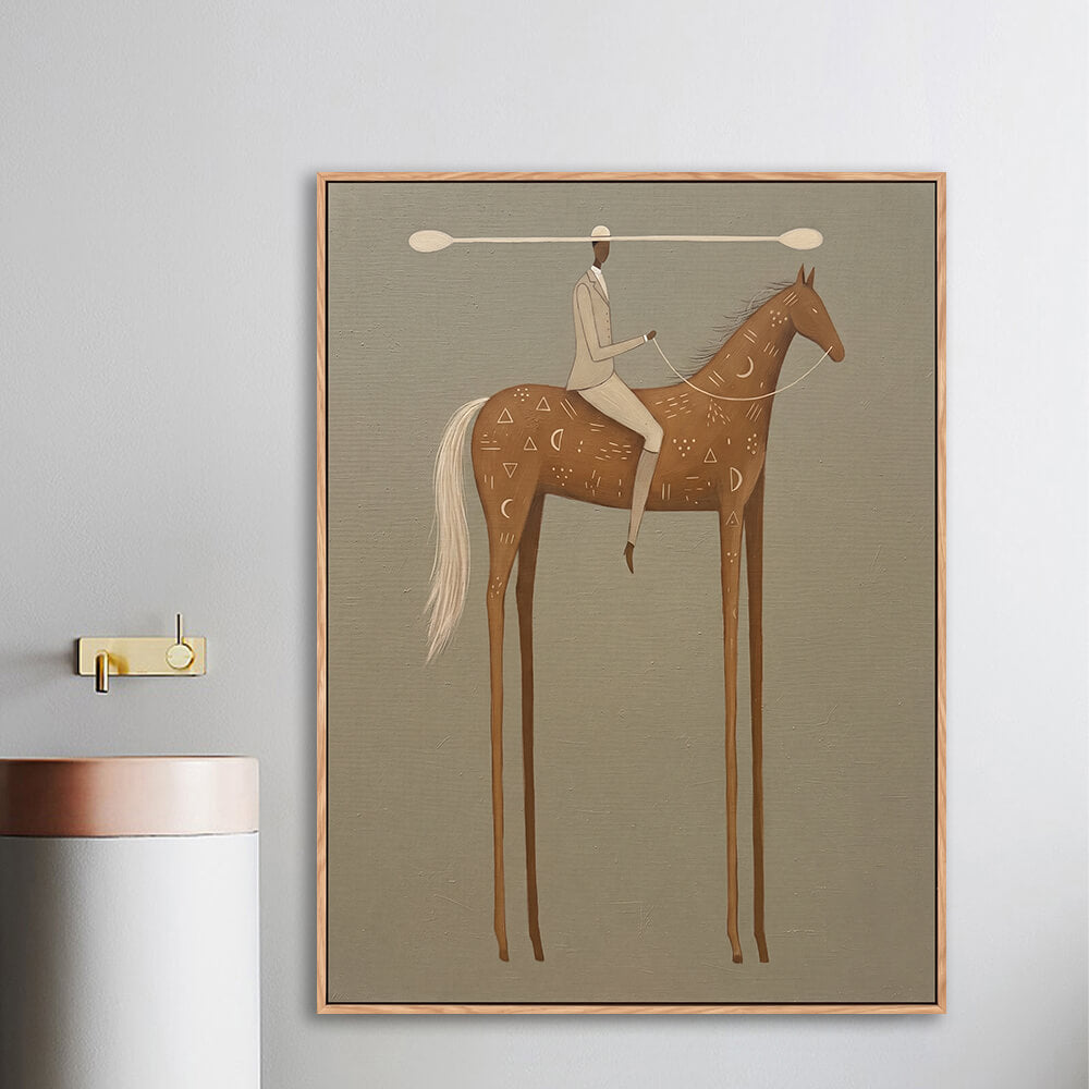 Surreal long leg horse artwork displayed on entryway console wall