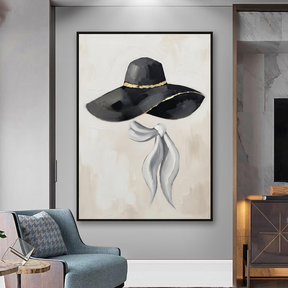 Interior styling view of Noir Silhouette decorative painting hanging on a neutral gray wall above a modern armchair.