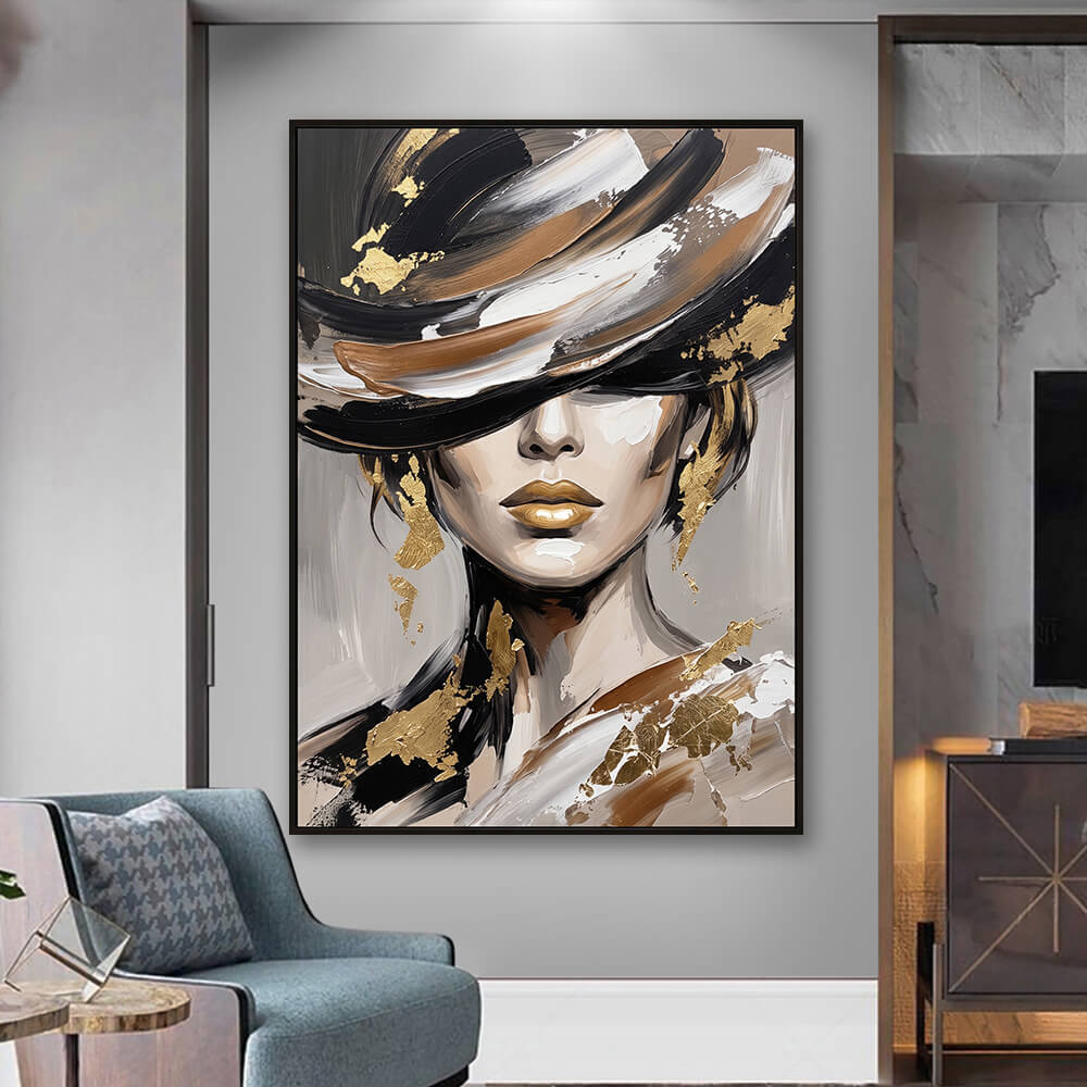 Elegant modern living room interior styled with a large vertical hand-painted abstract woman portrait hanging above a sleek designer console.