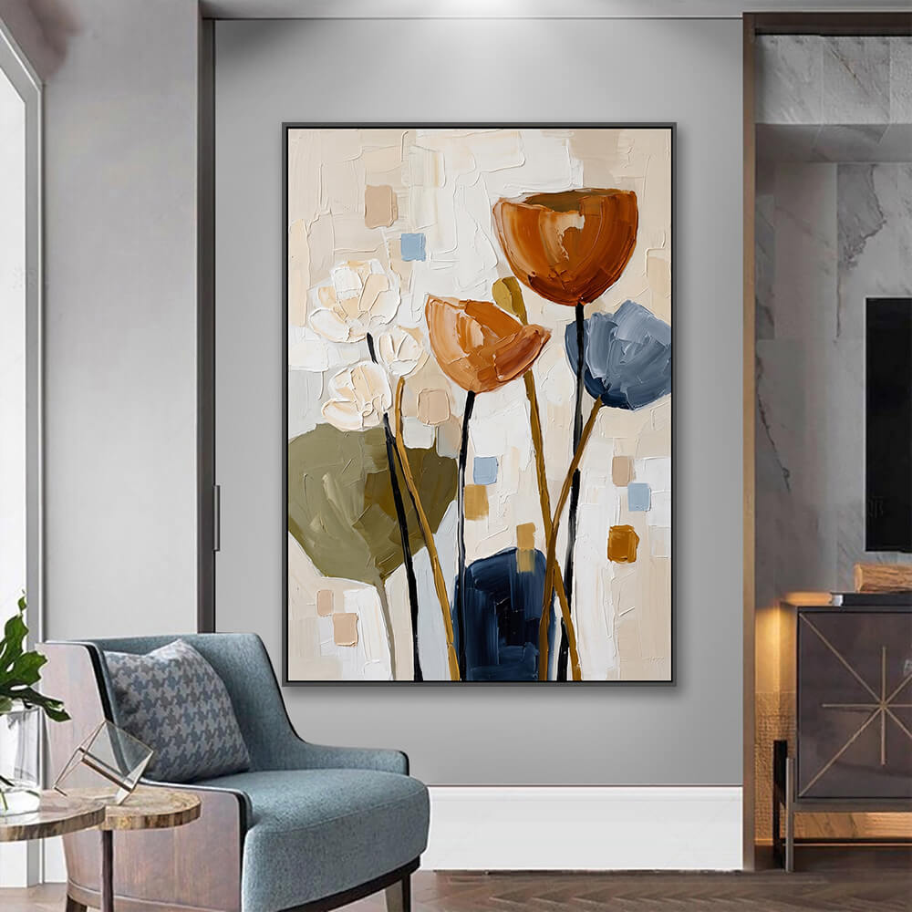 Vertical floral canvas hung inside entryway beside upholstered accent chair