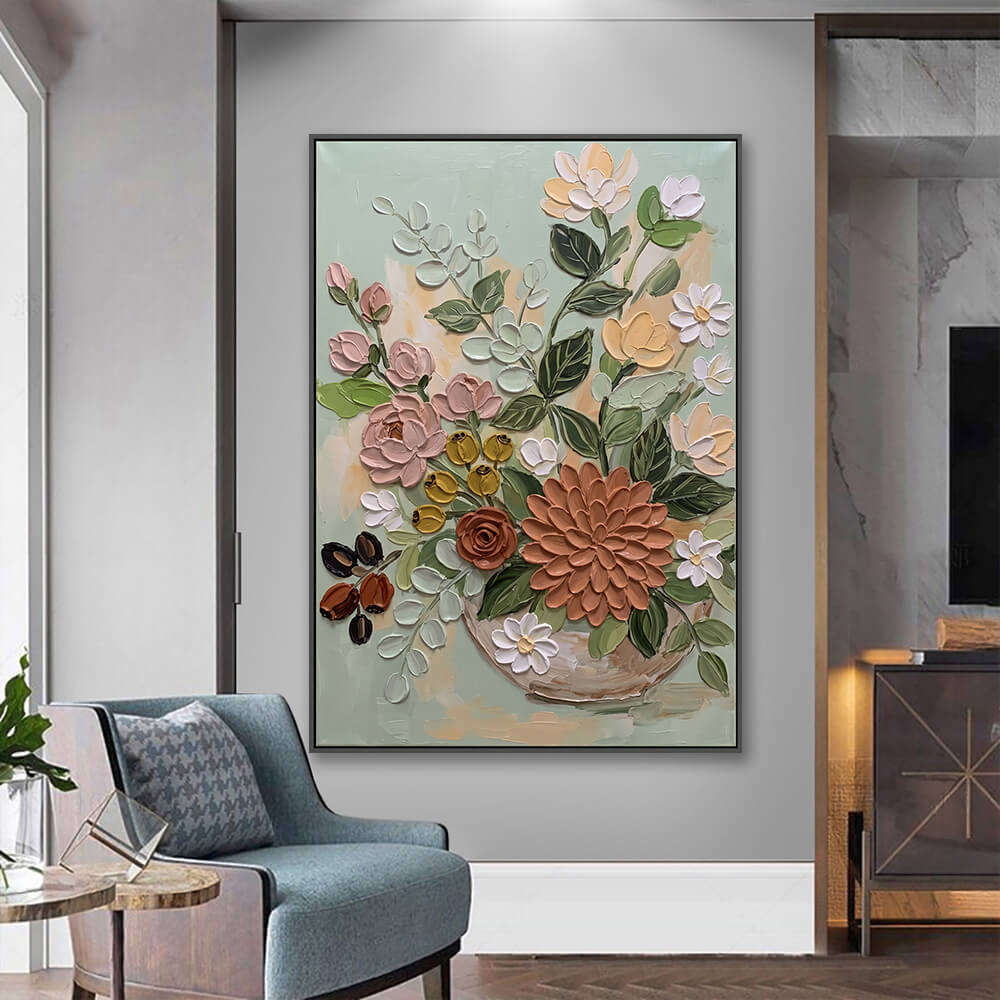 Vertical floral canvas hung in entryway next to upholstered accent chair