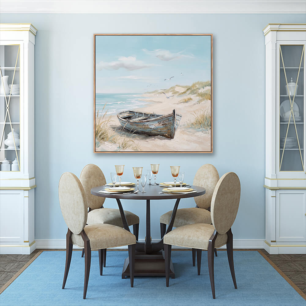 Vintage boat beach scene artwork in elegant formal dining room interior