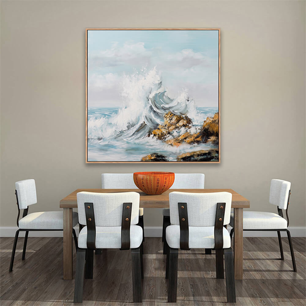 Dynamic rocky shore ocean hand-painted canvas decor above solid wooden dining table