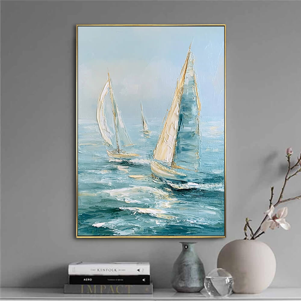 Heavy texture palette knife sailboat seascape painting resting on tabletop, hand painted teal ocean canvas art for modern home styling