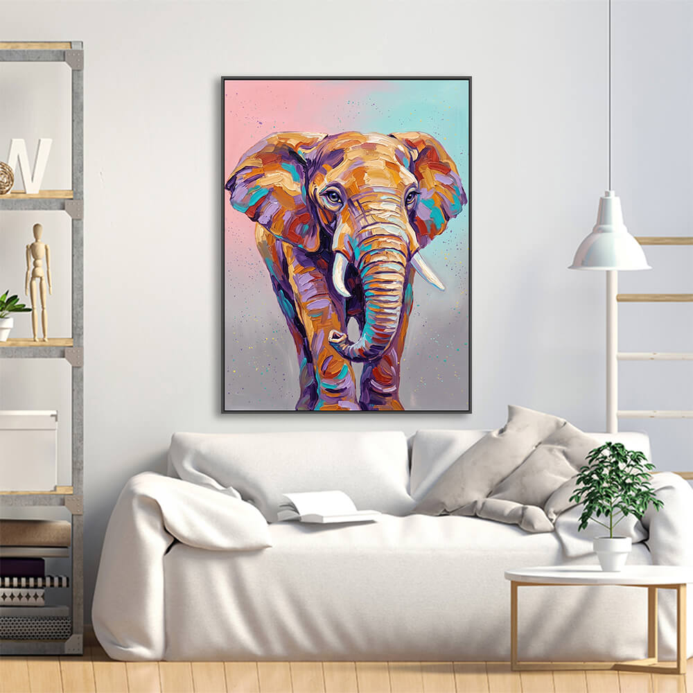 Vibrant elephant artwork arranged above linen sofa for living room styling