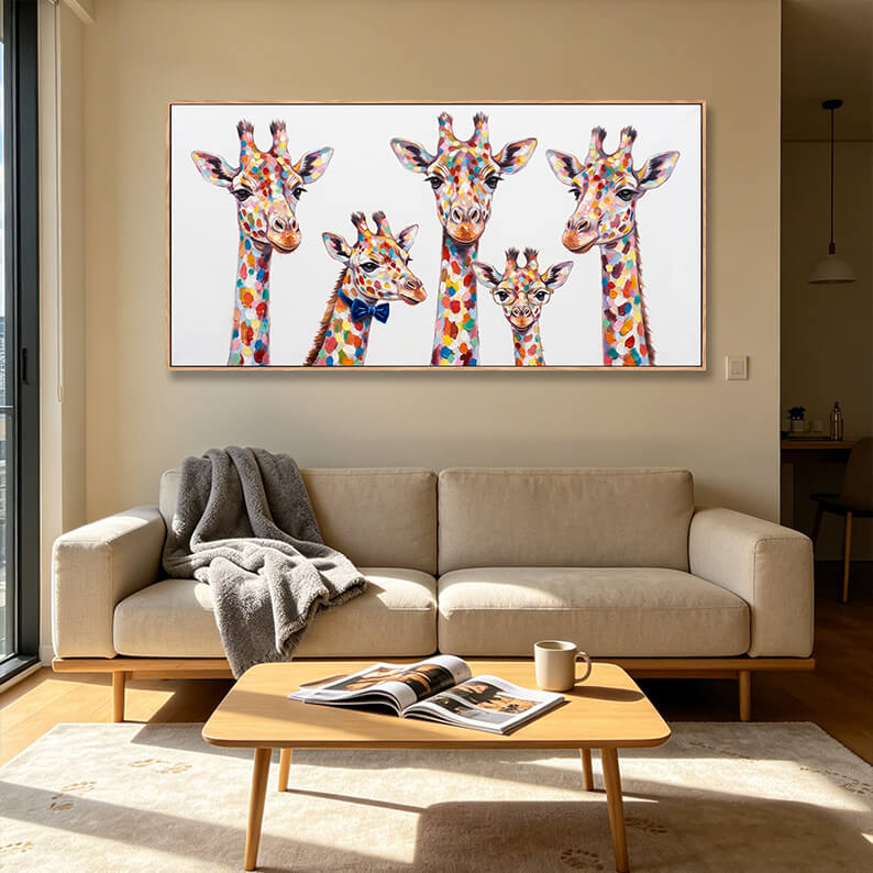 Original giraffe family hand painted oil painting, five vibrant giraffes portrait, whimsical animal artwork with bow tie and glasses accents, textured canvas wall decor