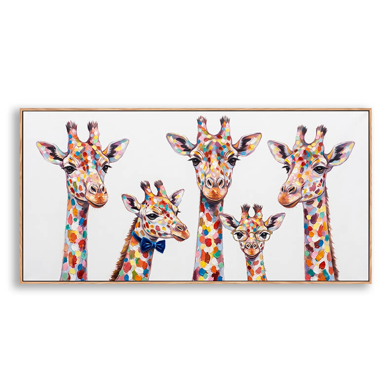 Hand painted canvas wall art featuring five giraffes, three adult giraffes and two baby giraffes with blue bow tie and glasses, vibrant multicolor spotted pattern on white background, original animal artwork for home decoration