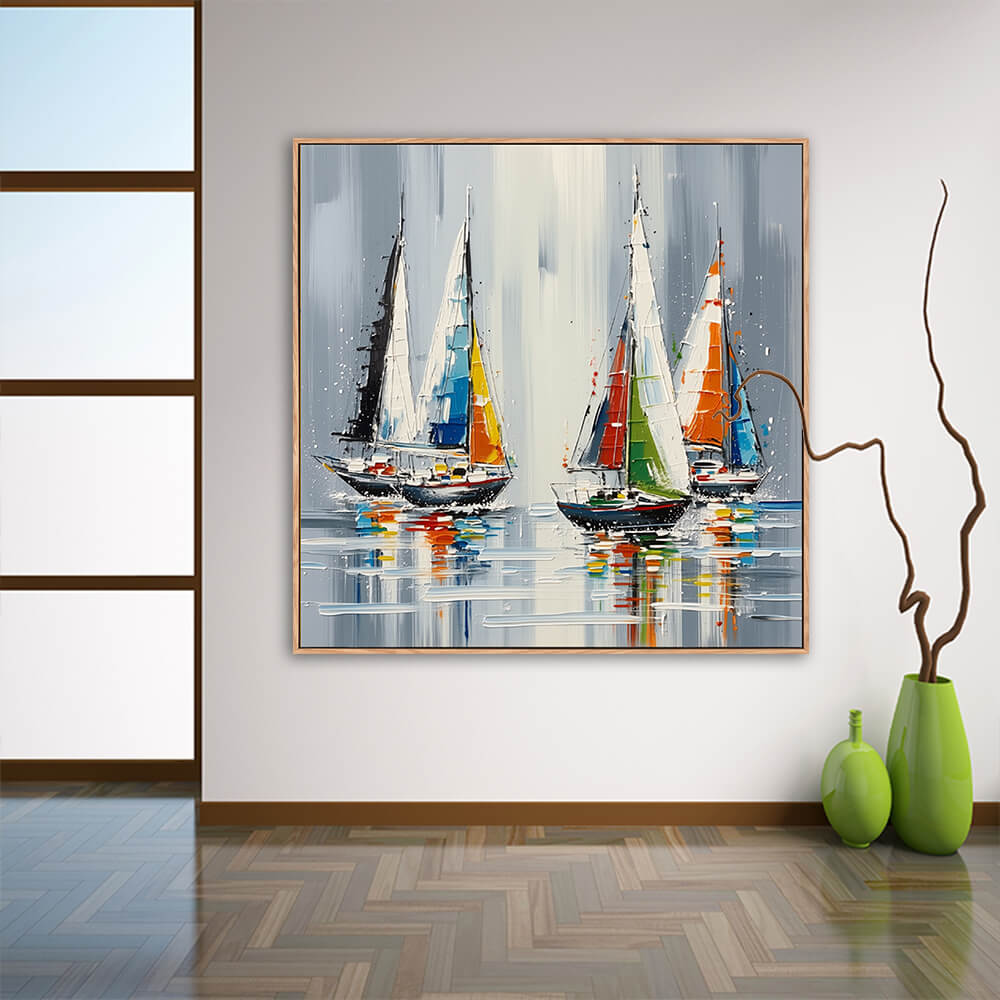 Vibrant sailboat regatta canvas wall art hung in minimalist entryway with herringbone wood flooring, glossy green vases and twisted dry branch decor
