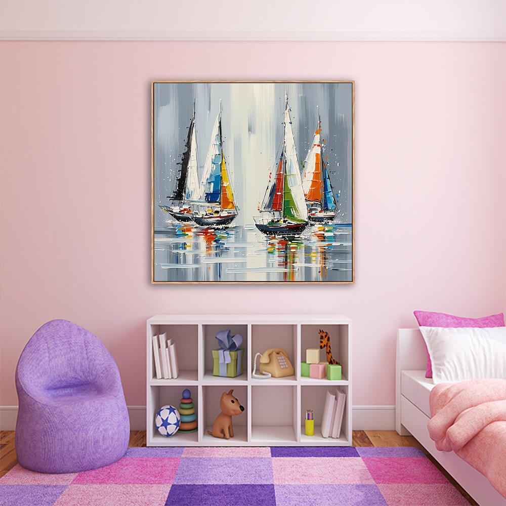 Vibrant sailboat regatta canvas hanging in pink kids bedroom with purple bean chair, white cubby toy shelf and colorful checkered rug