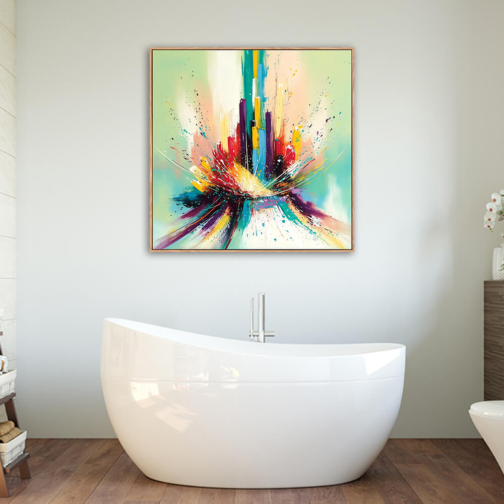 Dynamic mint green abstract cityscape canvas mounted above freestanding white oval bathtub in warm wood modern bathroom