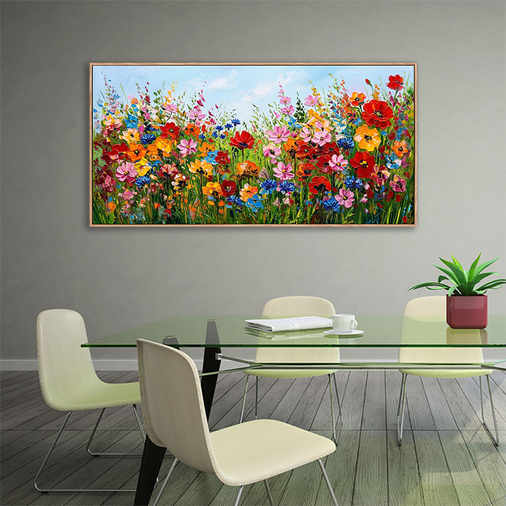 Heavily textured landscape art showing rich impasto red poppies and colorful wild daisies in a vibrant green field.