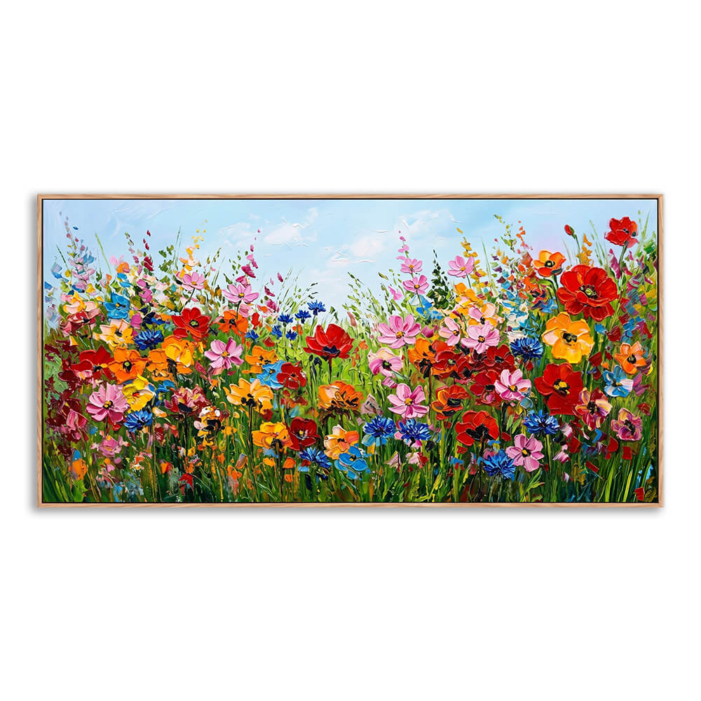 Close-up of a hand-painted palette knife abstract landscape canvas featuring thick 3D impasto texture on vibrant red poppies and pink wildflowers.