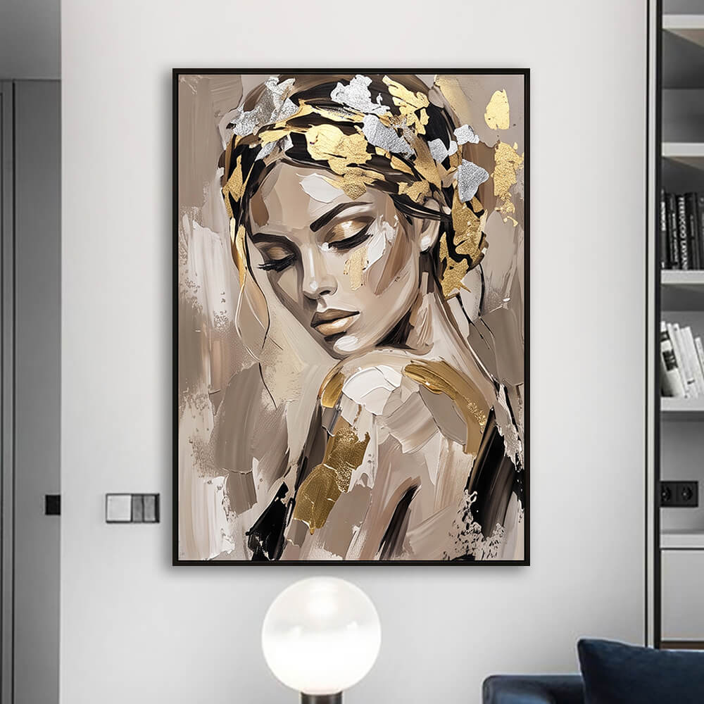 Stylish bedroom wall setup highlighting a hand-painted abstract female portrait with radiant gold and silver highlights.
