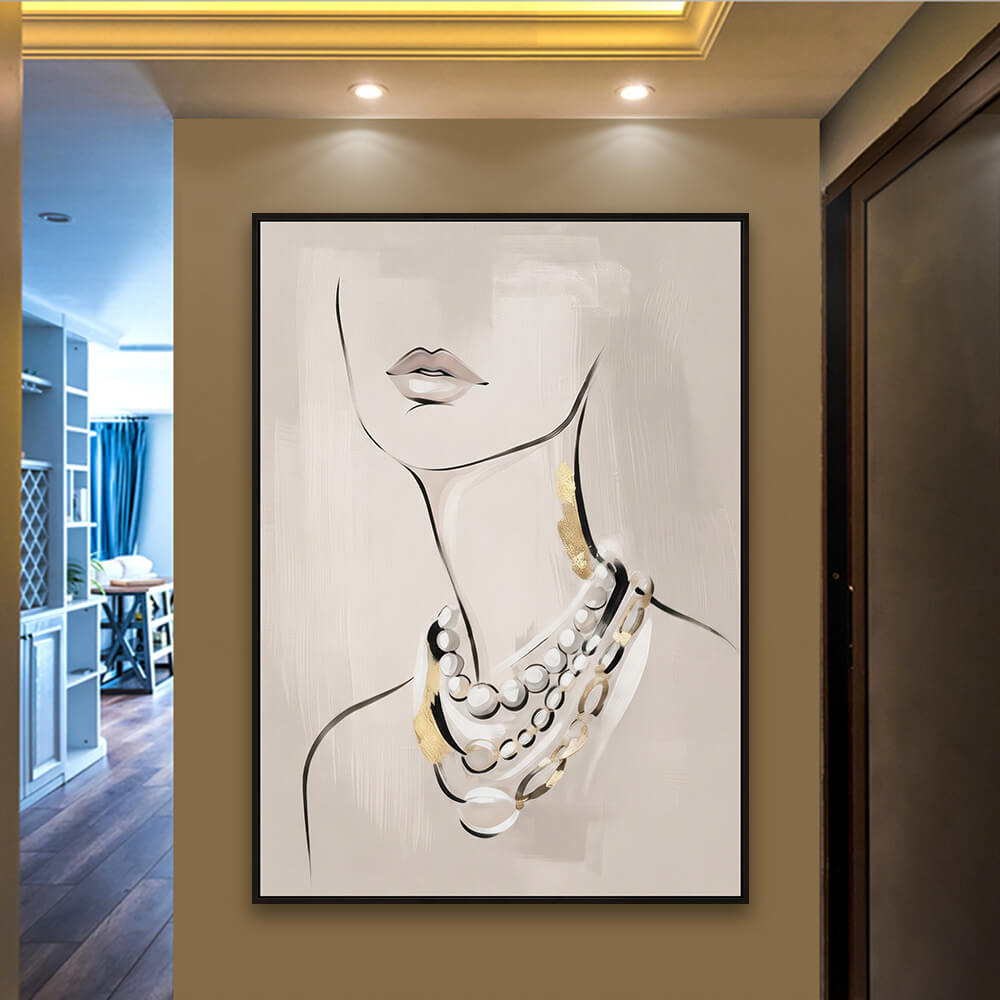 Hallway presentation view of Luxury Pearl Draping hand painted painting mounted near a modern warm entryway corridor with architectural lighting.
