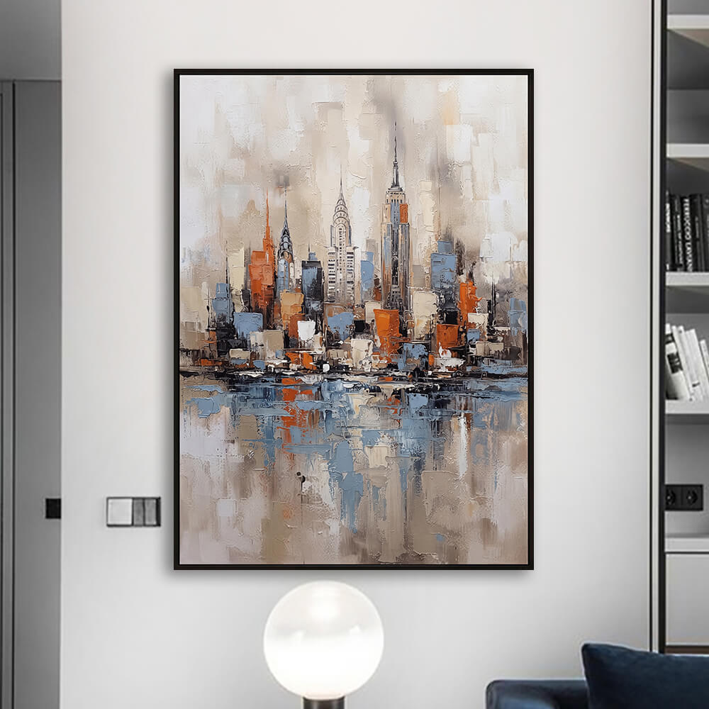 Modern apartment interior presentation featuring City Reflection artwork presented above a modern lamp.