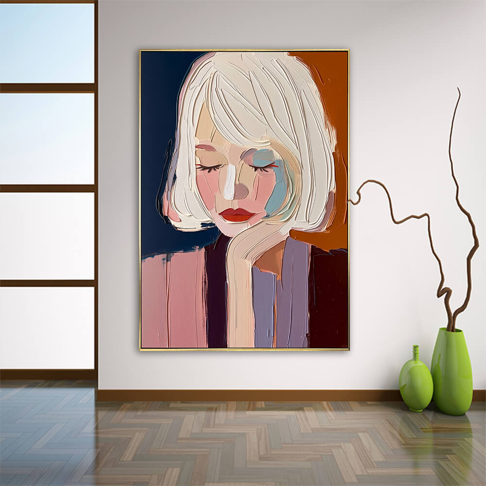 Contemporary female face textured oil painting displayed elegantly above wooden floors in a minimalist living room interior.
