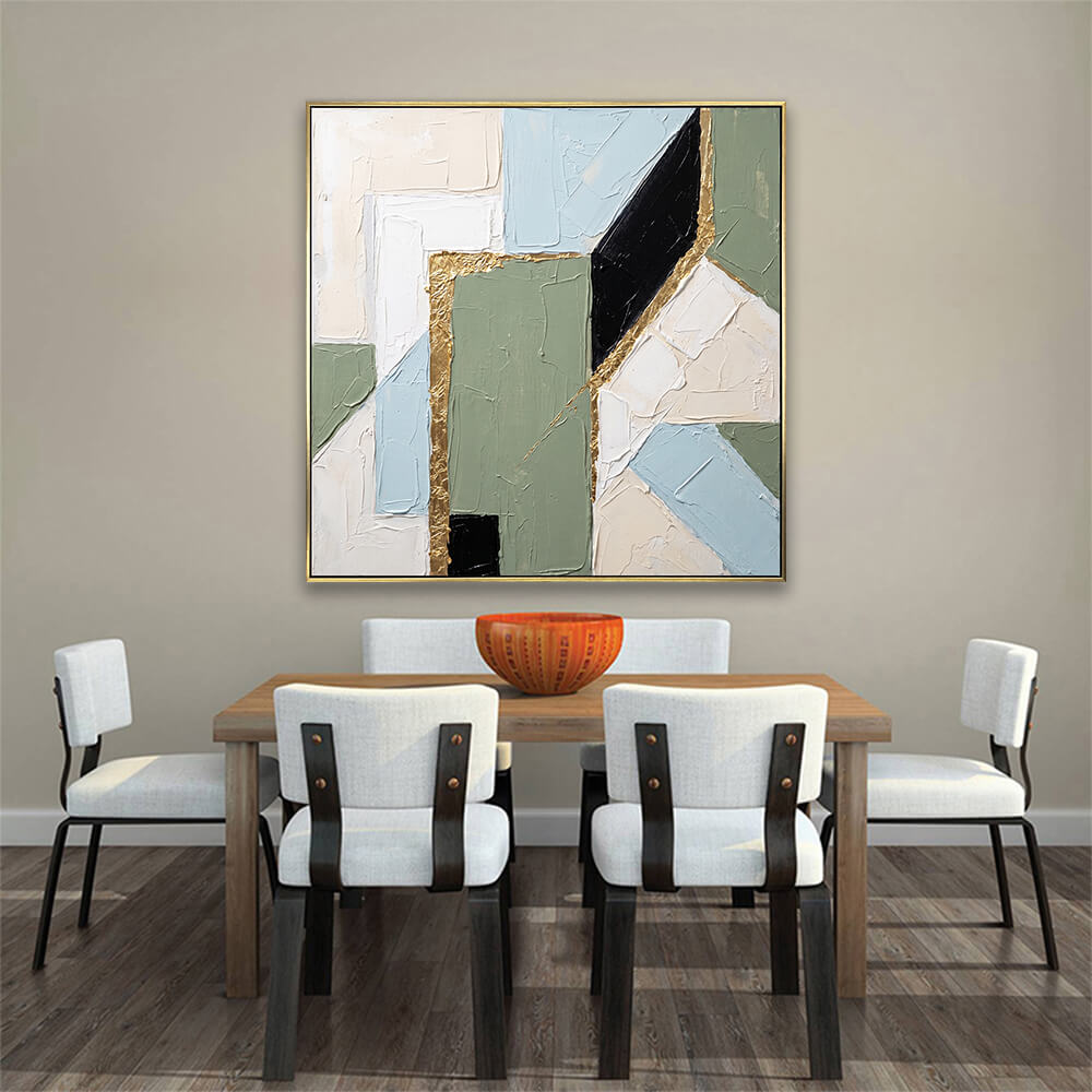 Elegant block geometric gold foil hand-painted abstract canvas decor above solid wooden dining table