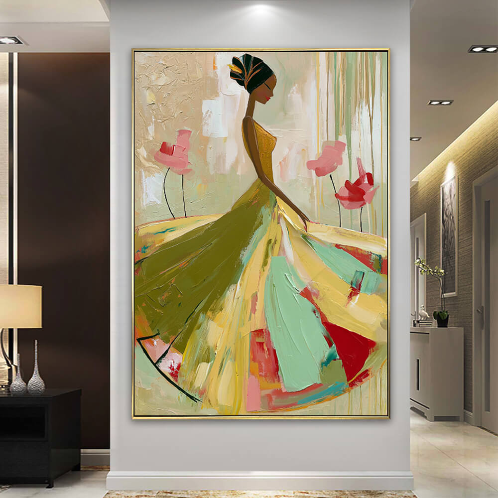 Interior styling view of Ethereal Grace contemporary portrait artwork hanging in a luxury hallway interior near a white console table.