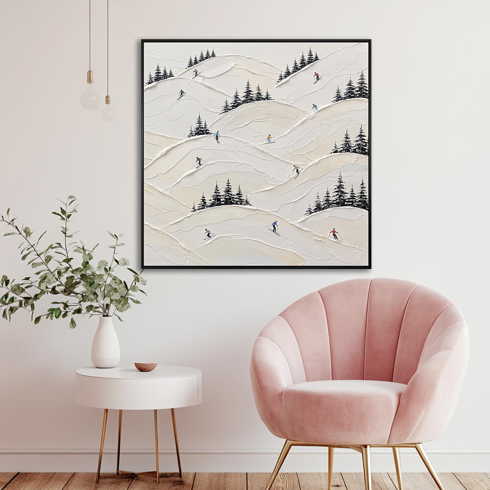 Interior styling view of Frosty Peaks hanging in a bright minimalist living room next to a pink accent armchair.