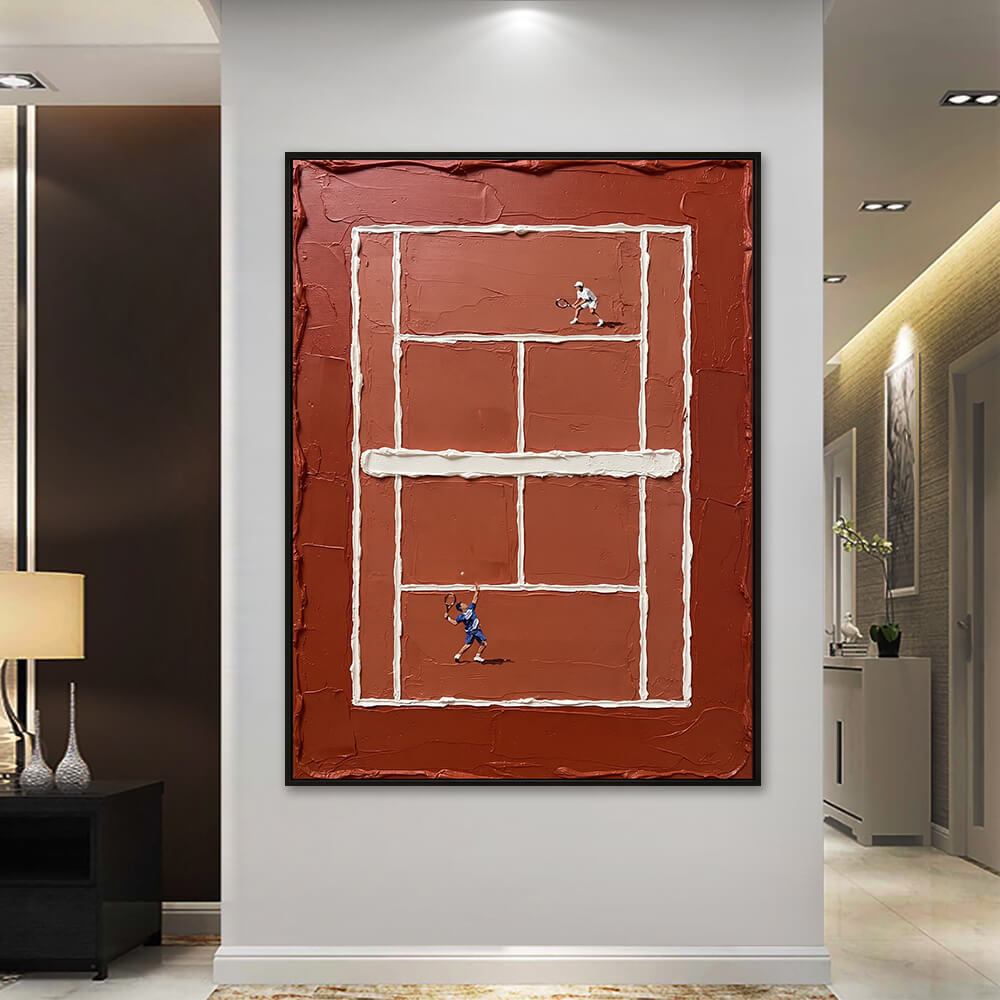 Interior styling view of Clay Court Match contemporary tennis artwork hanging in a bright luxury hallway.