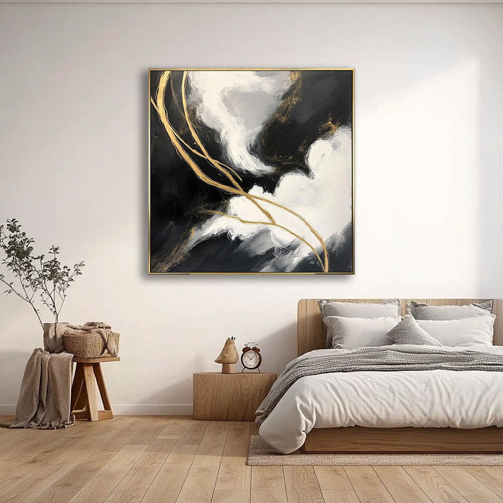 Modern Gold & Black Abstract Canvas Painting #YX37