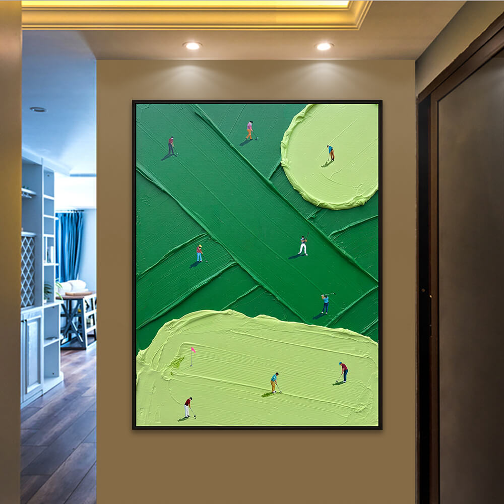Interior styling view of Emerald Fairway palette knife golf decor hanging in a warm hallway entrance.